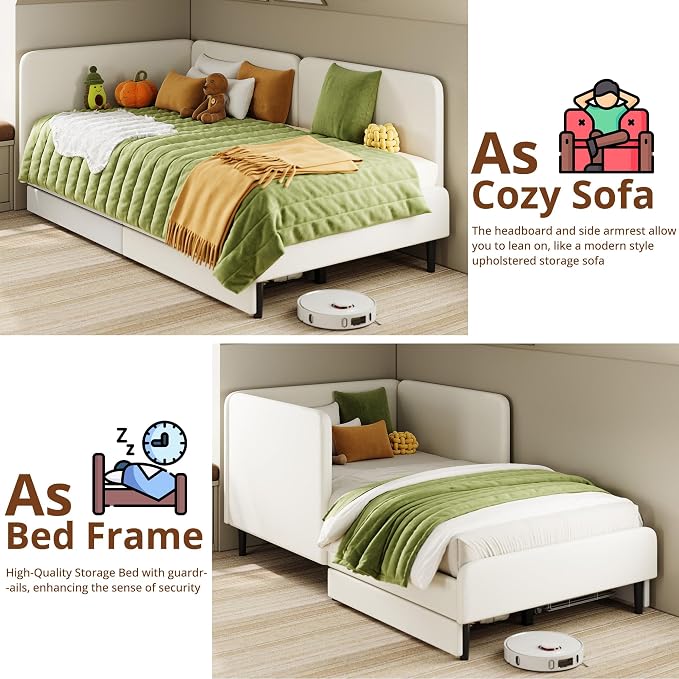 LIKIMIO Twin XL Daybed with Headboard, Corner Bed Frame with Bed Rails and Storage Drawers, Solid Support, for Bedroom Guest Room, Cream