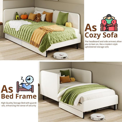 LIKIMIO Twin XL Daybed with Headboard, Corner Bed Frame with Bed Rails and Storage Drawers, Solid Support, for Bedroom Guest Room, Cream