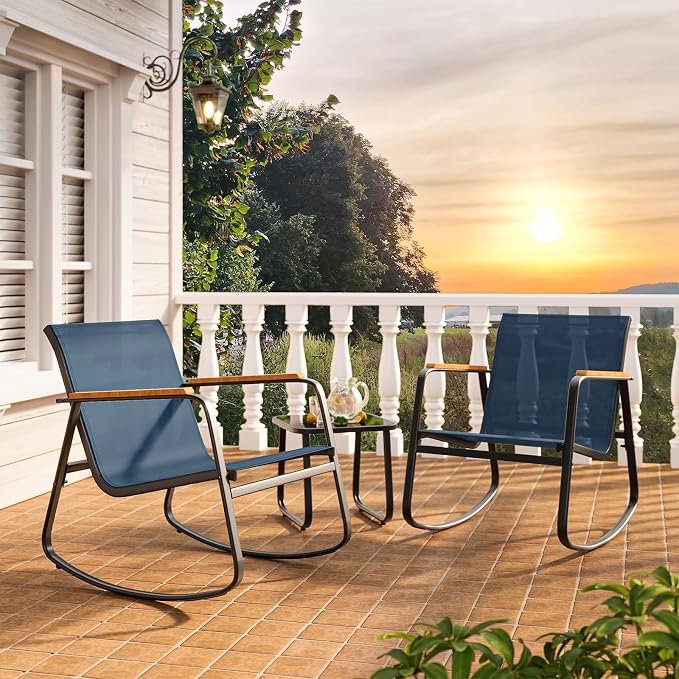 Ahomly 3-Piece Outdoor Rocking Bistro Set, Outdoor Patio Furniture Set with Textilene Fabric, Patio Rocking Chairs and Glass Table for Garden Balcony Backyard Poolside Blue