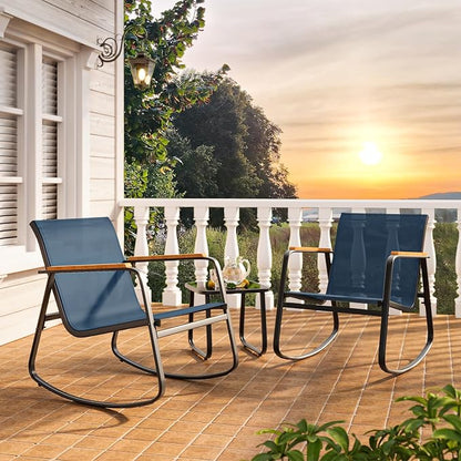 Ahomly 3-Piece Outdoor Rocking Bistro Set, Outdoor Patio Furniture Set with Textilene Fabric, Patio Rocking Chairs and Glass Table for Garden Balcony Backyard Poolside Blue