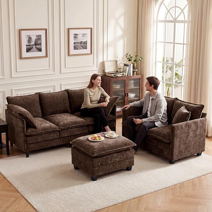 L-Shape Loveseat Sofa Couch with Ottoman, Small 50" Love Seat 27" Deep Cloud Sofa Washable Chenille Pillow for Apartment Bedroom Dorm Attic Studio Office Living Room Small Space 8833-BROWN-L
