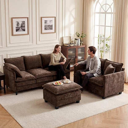 L-Shape Loveseat Sofa Couch with Ottoman, Small 50" Love Seat 27" Deep Cloud Sofa Washable Chenille Pillow for Apartment Bedroom Dorm Attic Studio Office Living Room Small Space 8833-BROWN-L
