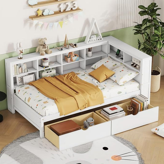 Bellemave Twin Corner Bed Frame, Wood Twin Size Daybed with L-Shaped Bookcase and 2 Drawers，Daybed with Storage Cabinets, White