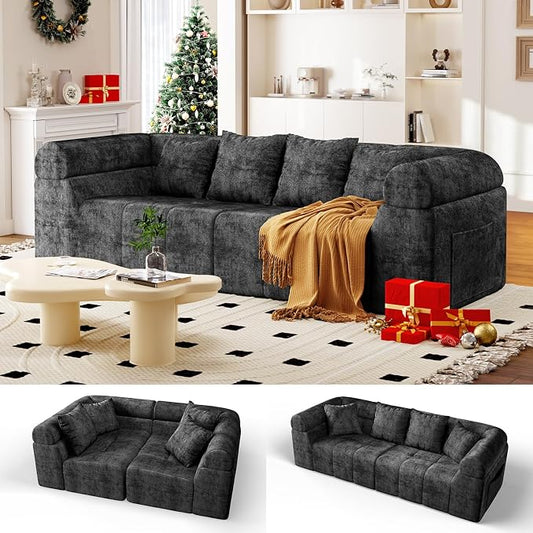 Modular Sectional Sofa Cloud Couch, Boneless Sleeper Bed for Living Room with No Assembly, Deep Seat & Pillows, Loveseat Configurations with Ergo Support & Storage Pocket, Grey