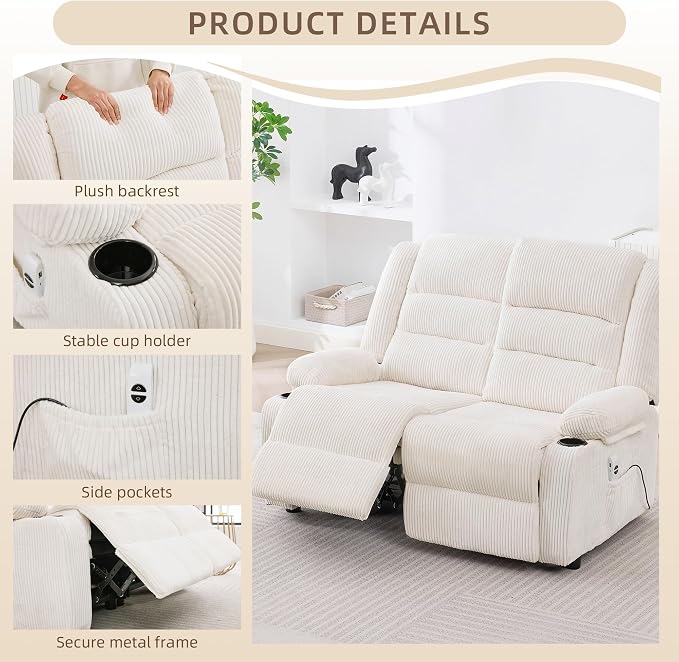 52Inch Reclining Loveseat Sofa,Power Loveseat Recliner,Electric Love seat Recliner Sofa for Bedroom,Living Room with Charging Ports,Striped White