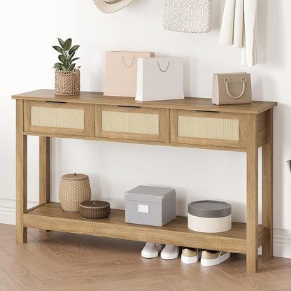 Luoxiao Rattan Console Table 3-Drawer 47" Narrow Wood Entryway Sofa Table | Trendy Boho Hallway Foyer Storage, Open Shelf, Sturdy Entry Table for Living Room, Couch, Easy Assembly, Anti-Tip, Natural