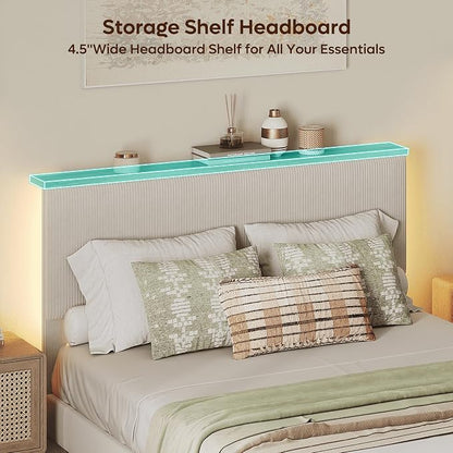 Bestier Queen Bed Frame with Adjustable Headboard & LED Lighting, Corduroy Upholstered Platform Bed Frame with Storage Shelf, Solid Wood Slats, No Box Spring Needed,Never Squeak, Easy Assembly, Beige