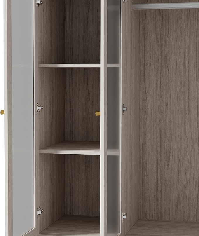 Modern Almirah for Clothes, Large Tall Storage Closet Cabinet with Frosted Tempered Glass Doors and Shelves, Standing Armoire Clothes Closet with Storage Drawers for Bedroom,Light Wood Grain