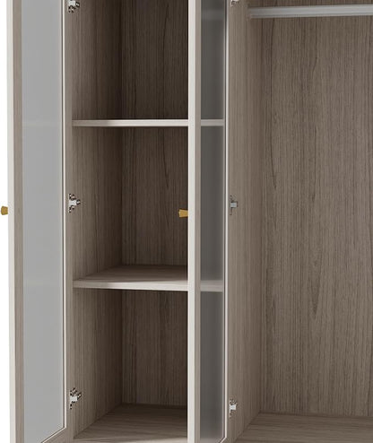 Modern Almirah for Clothes, Large Tall Storage Closet Cabinet with Frosted Tempered Glass Doors and Shelves, Standing Armoire Clothes Closet with Storage Drawers for Bedroom,Light Wood Grain