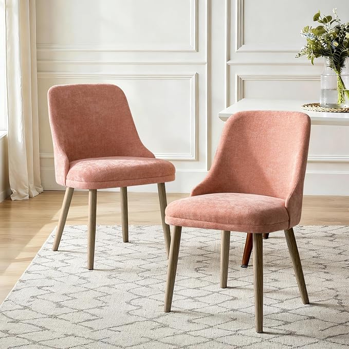 Upholstered Dining Chairs Set of 2, Fabric Dining Room Chairs with Curved Backrest, Solid Wood Legs, Modern Kitchen Chairs for Dining Room Living Room, Coral