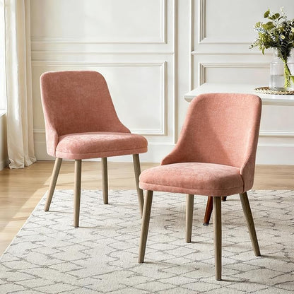 Upholstered Dining Chairs Set of 2, Fabric Dining Room Chairs with Curved Backrest, Solid Wood Legs, Modern Kitchen Chairs for Dining Room Living Room, Coral