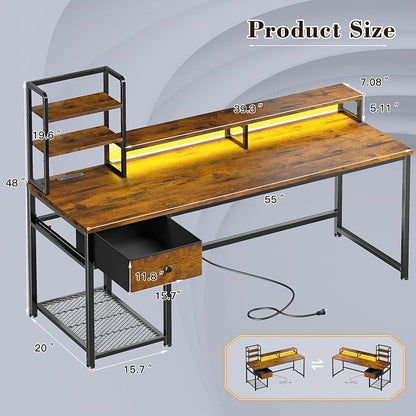 EnHomee 55" Reversible Computer Desk, Hutch, USB & LED, Rustic Brown | Fits 2 Monitors on Stand; Drawer & 3 Shelves; 60,000 Colors Music Sync RGB; 3 AC Ports & Type-C; Steel Frame; Easy Build