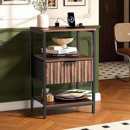 VINGLI Nightstand with Charging Station and Fabric Drawer, Walnut Nightstand Fluted with Drawer, Bedside Table/End Table with Charger Station, Side Table Bedroom, Small Night Stand Dark Walnut, 1 pc