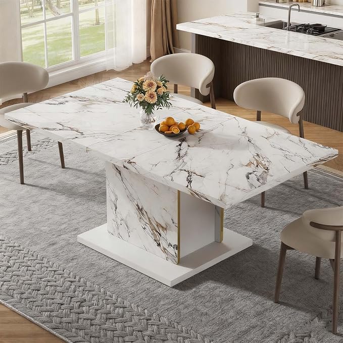 HOMISSUE 70" Faux Marble Dinner Table，Rectangle Modern White Dining Table for 6-8 People，Large Kitchen Furniture Table with Sturdy Base for Dining Room, Living Room, White