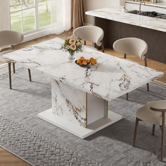HOMISSUE 70" Faux Marble Dinner Table，Rectangle Modern White Dining Table for 6-8 People，Large Kitchen Furniture Table with Sturdy Base for Dining Room, Living Room, White