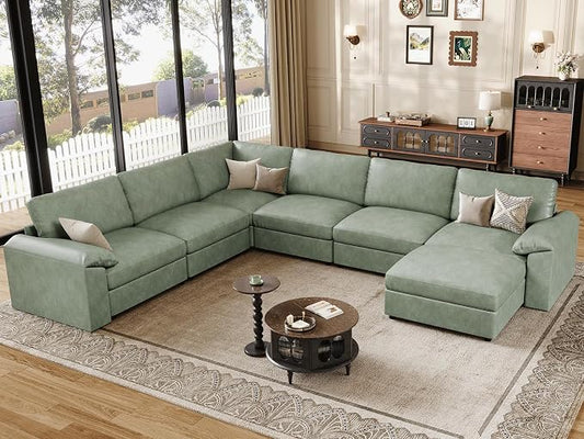EASE MOOSE Faux Leather Sectional with Ottoman,Oversized Modular Couch,Vintage Modular Sectional Sofa with Deep Seat,Scratch Resistant Faux Leather Material,U Shaped Couch for Big Spaces, Green