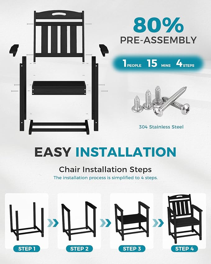 Ciokea HDPE Outdoor Patio Dining Chairs Set of 2, All-Weather Porch Chair with Wide Seat, Durable Outdoor Furniture for Backyard, Garden, Lawn & Poolside, Black