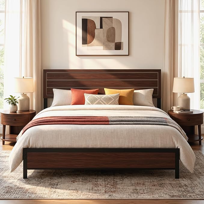 LIKIMIO King Bed Frame and Headboard, Mid-Century Modern King Platform Bed, Heavy Duty Silent Metal Slats, No Box Spring Needed, Noise-Free, Dark Walnut