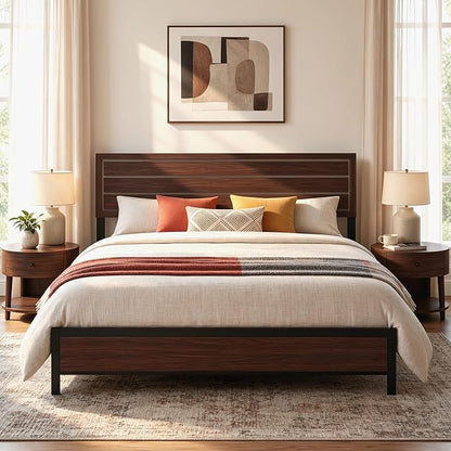 LIKIMIO King Bed Frame and Headboard, Mid-Century Modern King Platform Bed, Heavy Duty Silent Metal Slats, No Box Spring Needed, Noise-Free, Dark Walnut