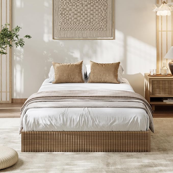 Garvee Twin Bed Frame, Wood Platform Bed with Fluted Design, Low Profile BedFrame, Minimalist Bed Base with Noise-Free, Easy Assembly, No Box Spring Needed, Walnut