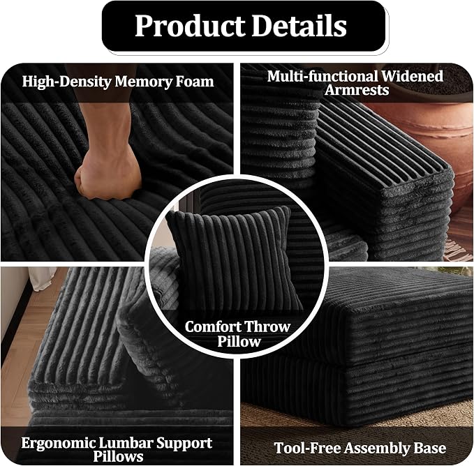 75'' L-Shaped Cloud Modular Sectional Couch with Chaise, Modern Corduroy Memory Foam Sofa Bed, Upholstered Boneless Deep Seat Fluffy Sleeper Sofa, for Living Room, No Assembly Needed (Black)