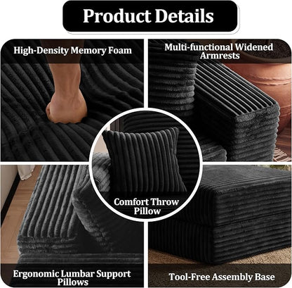 75'' L-Shaped Cloud Modular Sectional Couch with Chaise, Modern Corduroy Memory Foam Sofa Bed, Upholstered Boneless Deep Seat Fluffy Sleeper Sofa, for Living Room, No Assembly Needed (Black)