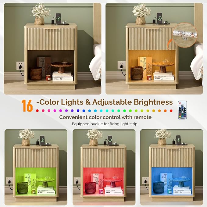VINGLI Nightstand with Charging Station, LED Nightstand Fluted with Rounded Edge, 19" W Mid Century Modern Night Stand for Bedroom, Fluted Bed Side Table, Oak, 18.9" W*15" D*22.4" H