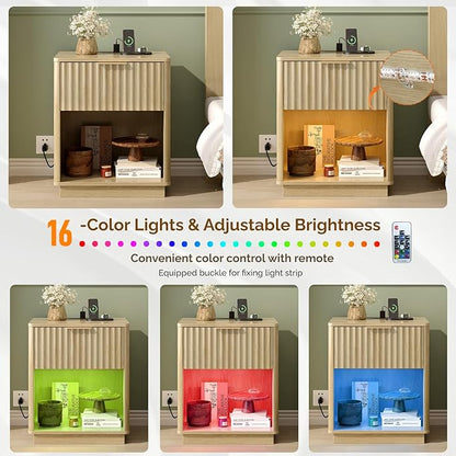 VINGLI 19"W Nightstands Set of 2 with Charging Station, LED Nightstand Fluted with Rounded Edge, Mid Century Modern Nightstand for Bedroom, Fluted Bed Side Table, Oak Night Stand, 18.9"W*15"D*22.4"H