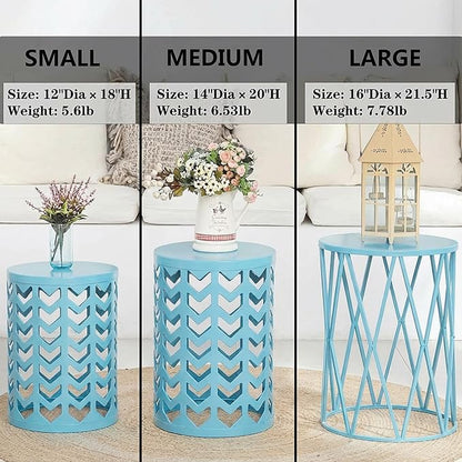 Nesting Side Table Set of 3 Decorative Round Garden Stools for Indoor Outdoor Heavy Duty Metal Frame Side Table Nightstands Modern End Table Plant Stand, Light Blue