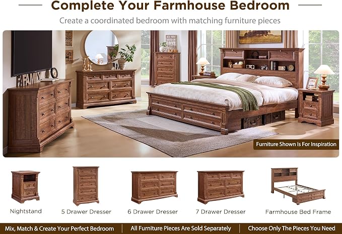 Farmhouse Queen Size Bed Frame with 54" Tall Headboard, Headboard with 4 Storage Rack, 2 Drawers, Wood Platform Bed Frame,18" Roman Column Decoration Footboard,No Box Spring Needed(Reclaimed Barnwood)