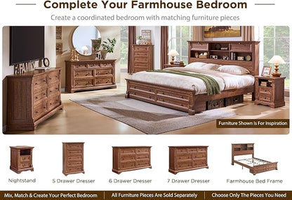 Farmhouse Queen Size Bed Frame with 54" Tall Headboard, Headboard with 4 Storage Rack, 2 Drawers, Wood Platform Bed Frame,18" Roman Column Decoration Footboard,No Box Spring Needed(Reclaimed Barnwood)