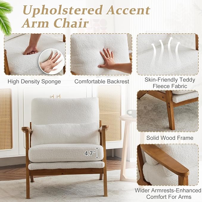 VINGLI Solid Wood Wide Armrests Accent Chair Set of 2,Upholstered Mid Century Modern Chair with Pillow,Farmhouse Arm Chair Comfy Reading Chair,Chairs Living Room,Bedroom,Guest Room,Teddy Fleece,White