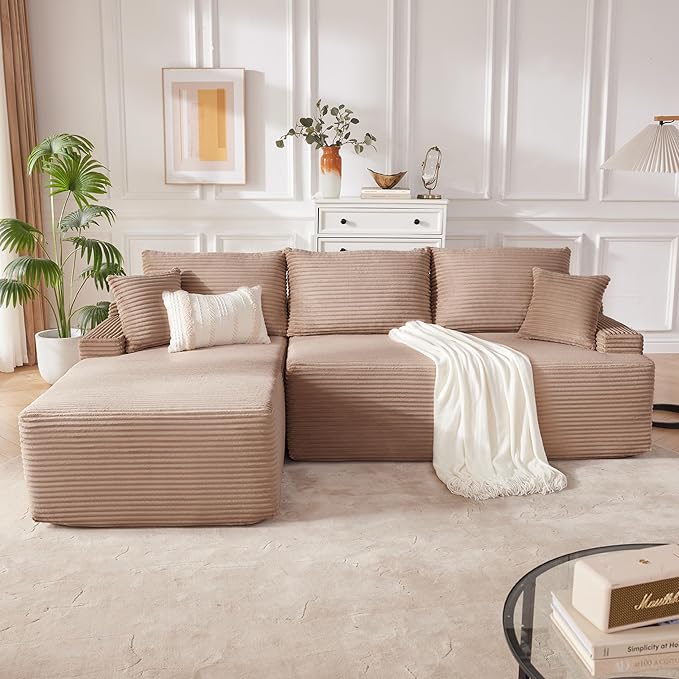 Mangodan Cloud Sectional Sofa, Boneless Couch for Living Room, Modular Sectional Sofa with Deep Seat, Fluffy L-Shaped Comfy Couch with Right-Facing Chaise, No Assembly Required, Camel
