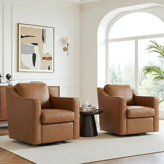 Swivel Accent Chairs Set of 2, 360° Swivel Upholstered Faux Leather Club Armchairs for Living Room, Comfy Single Sofa Reading Chair with Deep Seat, Metal Swivel Base, Brown