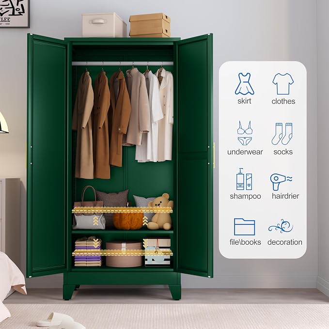 GAIOUS 71" Metal Wardrobe Cabinet with Mirror and Hanging Rod Green | Clothing Storage Cabinets with 2 Doors and Adjustable Shelves, Armoire Wardrobe Closet for Bedroom, Laundry Cloak Room