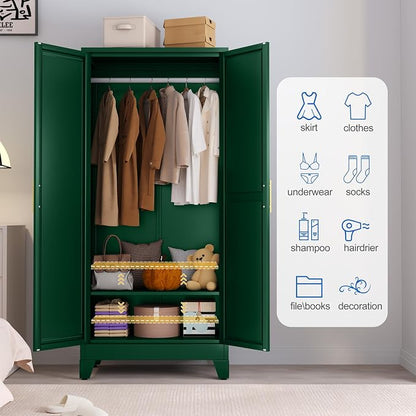GAIOUS 71" Metal Wardrobe Cabinet with Mirror and Hanging Rod Green | Clothing Storage Cabinets with 2 Doors and Adjustable Shelves, Armoire Wardrobe Closet for Bedroom, Laundry Cloak Room