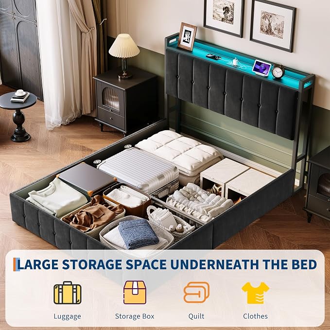 Garvee Queen Size Lift Up Storage Bed with LED Lights, Upholstered Velvet Bed Frame with Storage Headboard & Charging Station, Metal Platform Bed, No Box Spring Needed, Solid Wooden Slats, Black