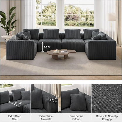 Novilla 141" Modular Sectional Sofa, Modern Cloud Sectional Couch with Smarts Coil® Support, U-Shape Upholstered Boneless Couch for Living Room Apartments, No Assembly Required, Dark Gray (6 Seat)