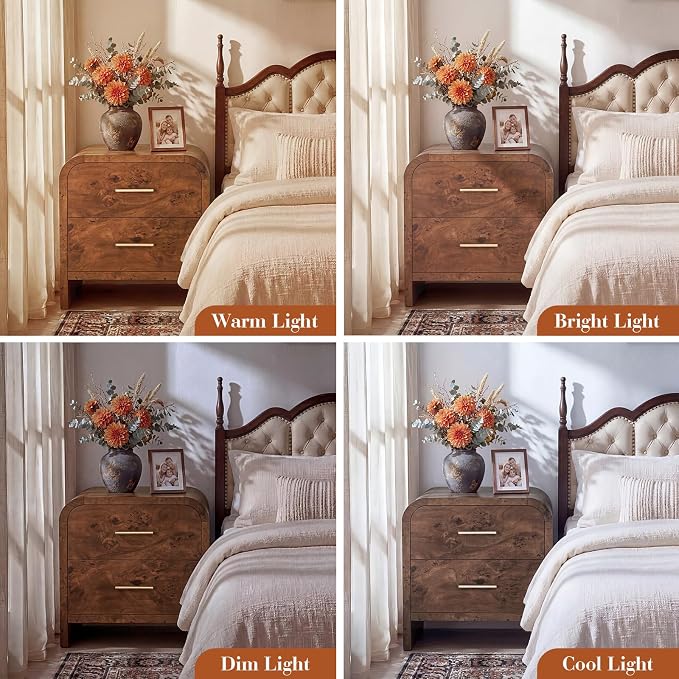 Night Stand Set of 2 [Unique Curved Profile] [FSC-Certified Wooden Board] 2-Drawer Nightstand 24" H Metal Handle Modern Sturdy Bedside Table Side Table End Table