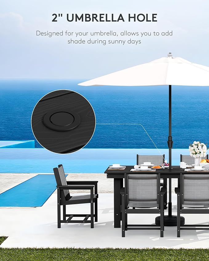 SERWALL 5 Piece Patio Dining Sets, Outdoor HDPE Dining Furniture Set with Umbrella Hole Cut-Out Table and 4 Woven Chairs, Black