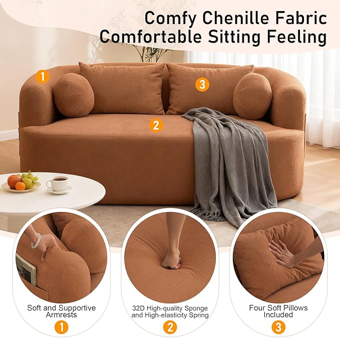 Loveseat Sofa for Small Space, 67.3" Boneless Love Seat Sofa with Side Pocket & 4 Pillows, Foam and Spring Filling, Soft Chenille for Living Room, Apartment, Bedroom, No Assembly