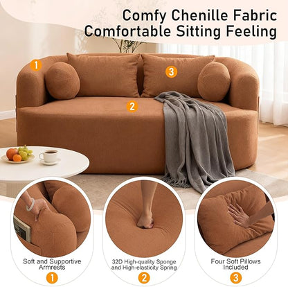 Loveseat Sofa for Small Space, 67.3" Boneless Love Seat Sofa with Side Pocket & 4 Pillows, Foam and Spring Filling, Soft Chenille for Living Room, Apartment, Bedroom, No Assembly