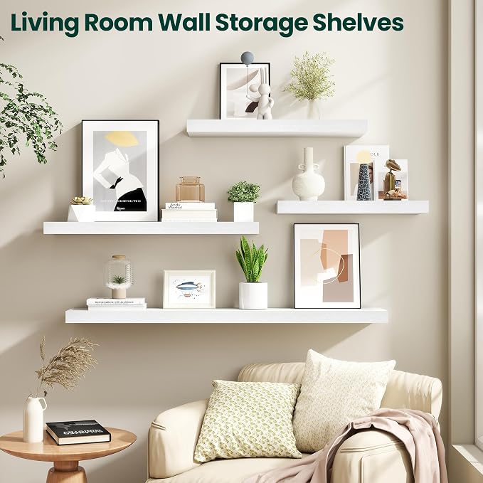 Floating Shelves for Wall 24 in x 9.3 in Deep, Wall Mounted Rustic Wood Shelf with Invisible Brackets for Storage & Display, Living Room Bedroom Bathroom, White, 2 Pack