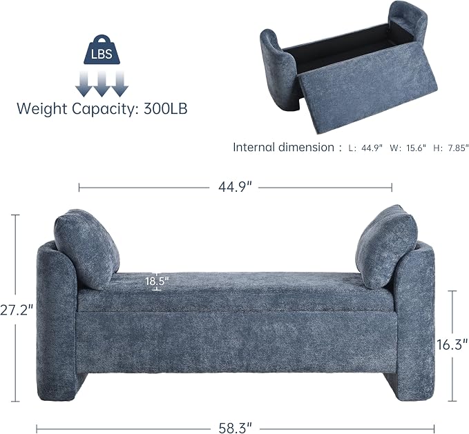 Usaint 58.3" Storage Ottoman Bench with Pillows, Upholstered End of Bed Bench with Arms, Footrest Stool Bench for Bedroom, Living, Window, Entryway and Hallway, Blue