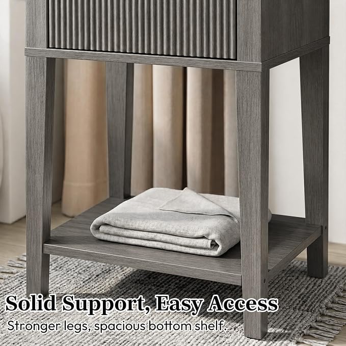 Weathered Gray 15" Wide Small Nightstand, Drawer, Open Shelf, Fluted | Weathered gray tone, ribbed fluted front, 11.8-inch slim depth, concealed storage, cool fit for sofa side or chair side
