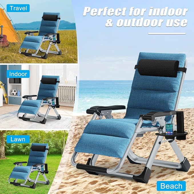 Zero Gravity Chair, Lawn Recliner, Reclining Patio Lounger Chair, Folding Portable Chaise with Detachable Soft Cushion, Cup Holder, Headrest