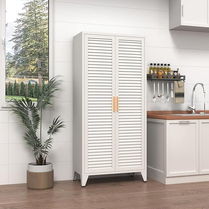 White Metal Storage Cabinet with Doors and 3 Adjustable Shelves 61"Tall Multifunctional Steel Heavy-duty Storage Locker for Kitchen Living Room Bedroom Home Office School 61"H X 27.6"W X 13.8"D
