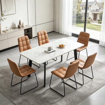 47.2"-63" Extendable Dining Room Table Set for 4-8 People, White | Removable Extension Leaf, Durable MDF Rectangle Tabletop, 6 Brown U-shaped PU Leather Chairs, Heavy Duty Modern Kitchen Table