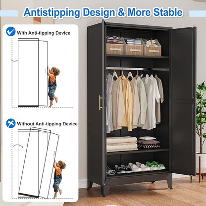 PAOFIN 71" Metal Armoire Wardrobe Closet, Bedroom Clothing Storage Cabinet with 2 Drawers and Hanging Rod, Freestanding Armoire Cabinet with Adjustable Shelves (Black)
