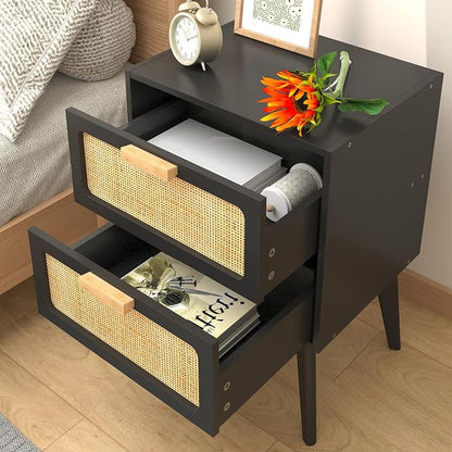 YAUKOMEL Black Nightstand, Wood End Table, Side Table with 2 Hand Made Rattan Decorated Drawers,Boho Bedside Table,Wood Accent Table with Storage for Livingroom, Bedroom, Black CTG59B